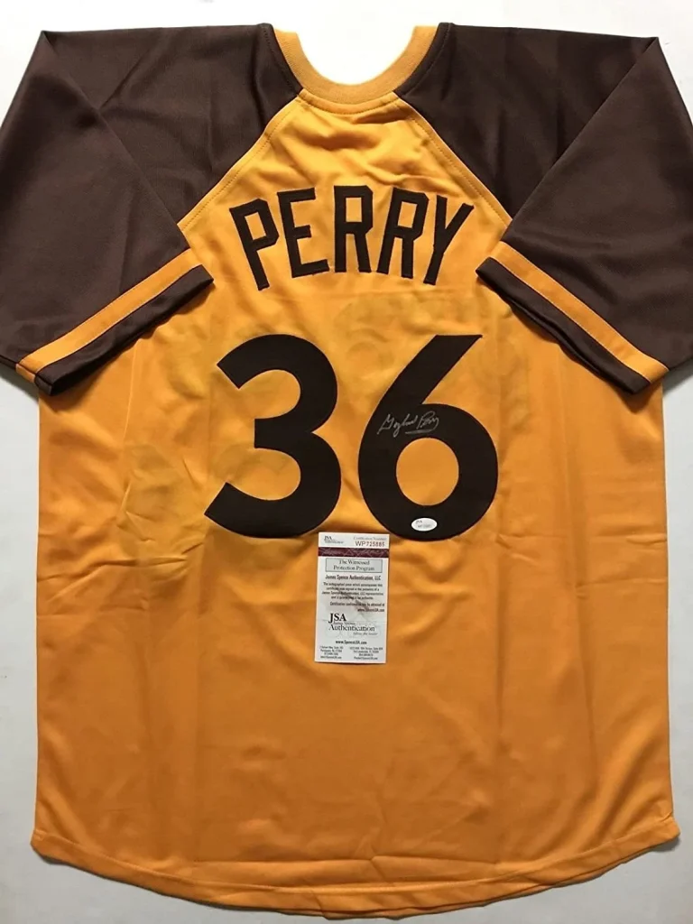 Autographed/Signed GAYLORD PERRY San Diego Yellow Jersey JSA COA Auto