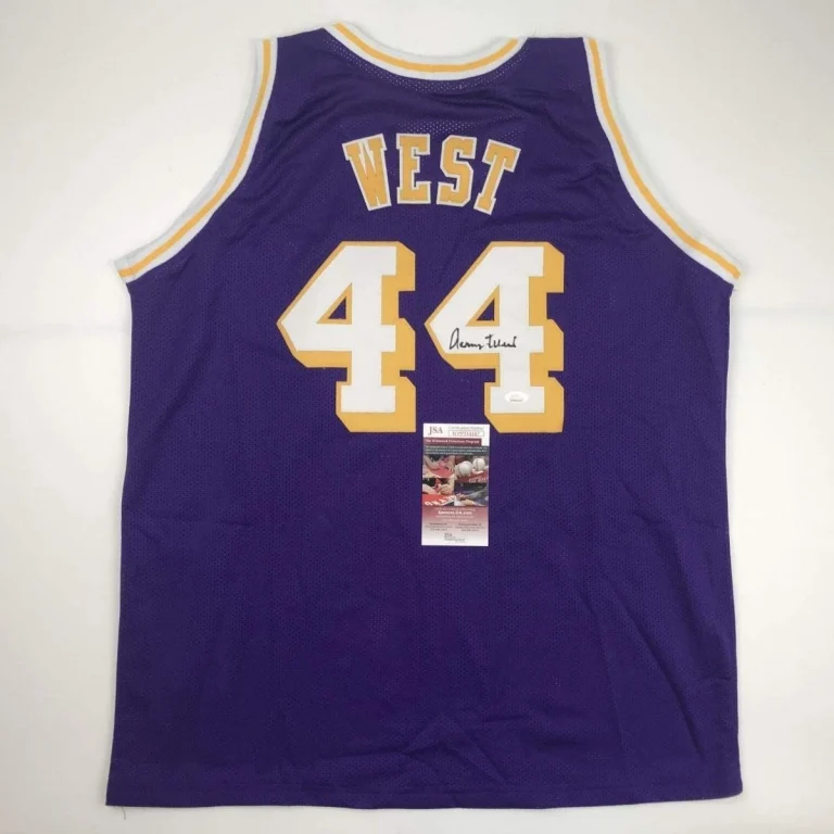 Autographed/Signed Jerry West Los Angeles LA Purple Jersey JSA COA