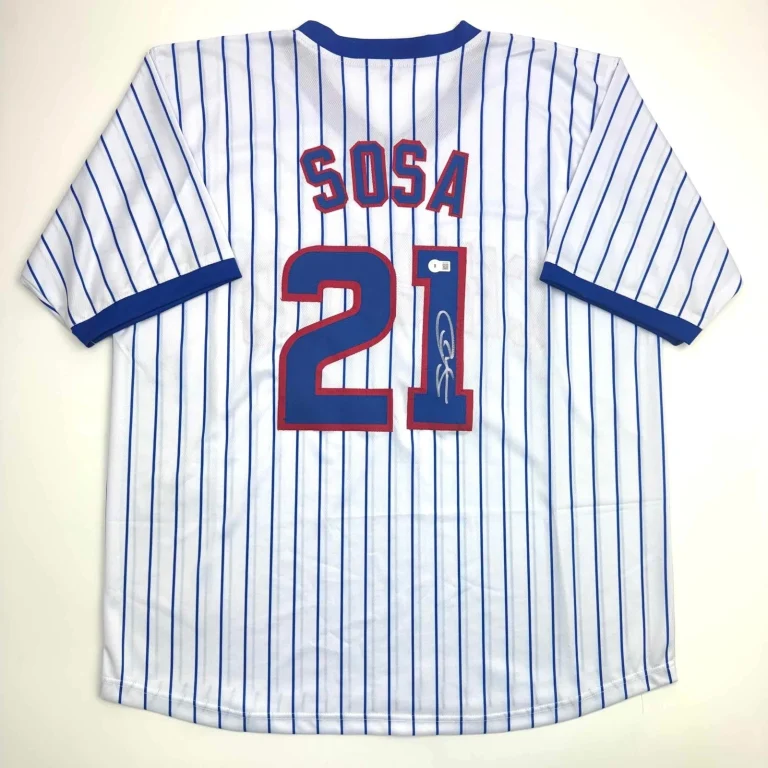 Autographed/Signed Sammy Sosa Chicago Pinstripe Jersey Beckett BAS COA