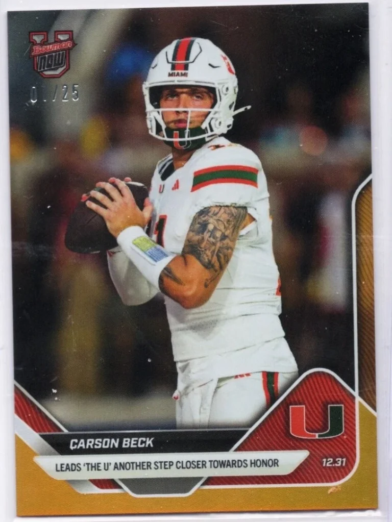 2025 Topps Bowman U Now Carson Beck #63 Orange Foil /25 Miami Rookie Card