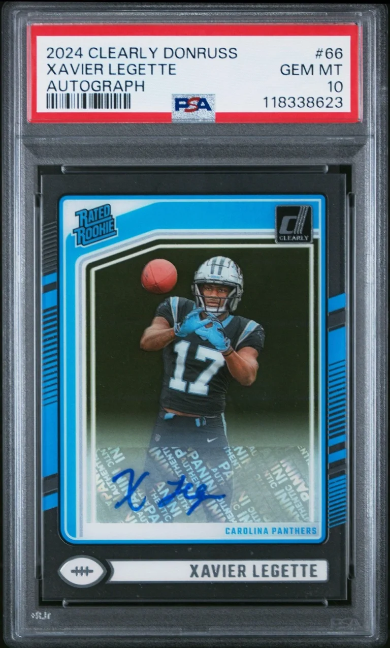 Graded 2024 Clearly Donruss Xavier Legette #66 Auto RC Football Card PSA 10