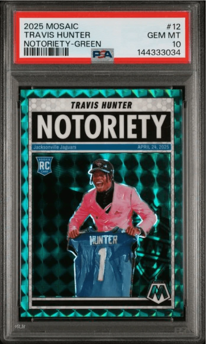 Graded 2025 Mosaic Travis Hunter #12 Notoriety Green Rookie Card PSA 10