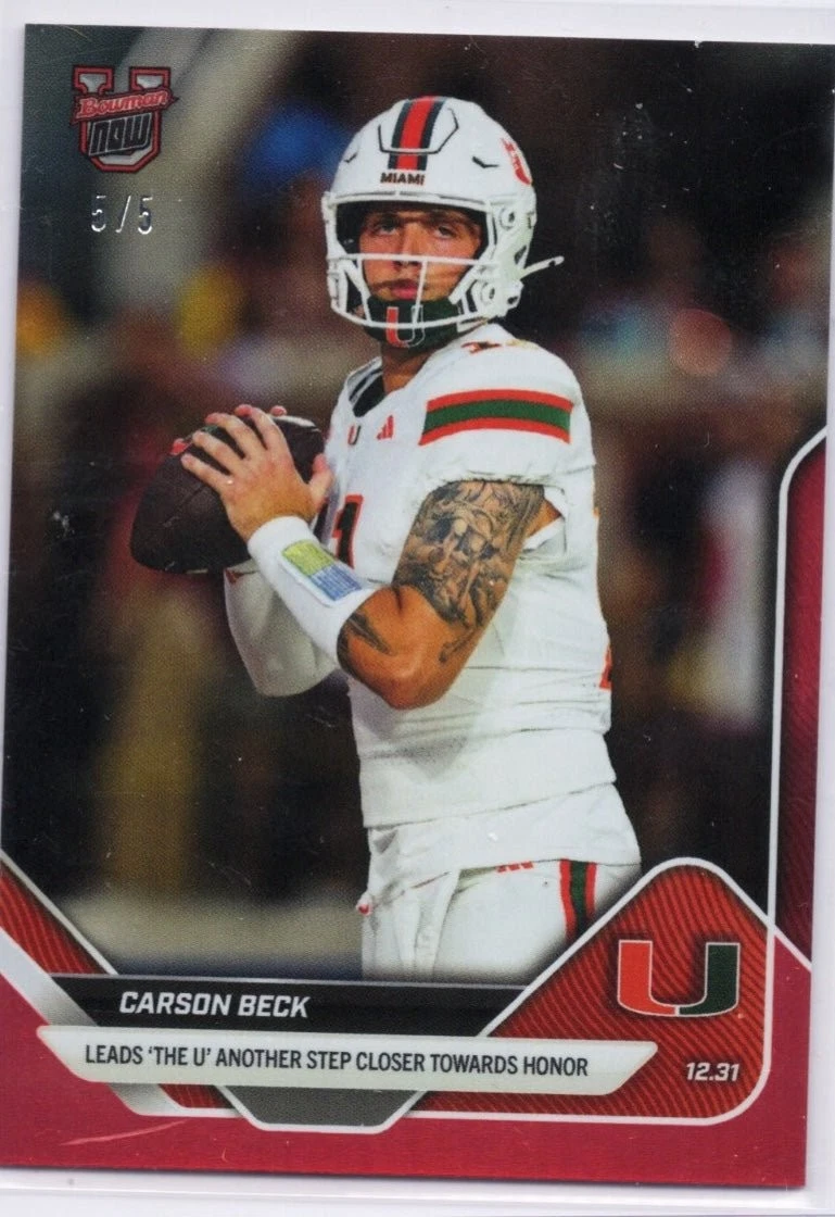 2025 Bowman U Now Carson Beck #63 Red Foil /5 Miami Hurricanes RC Card