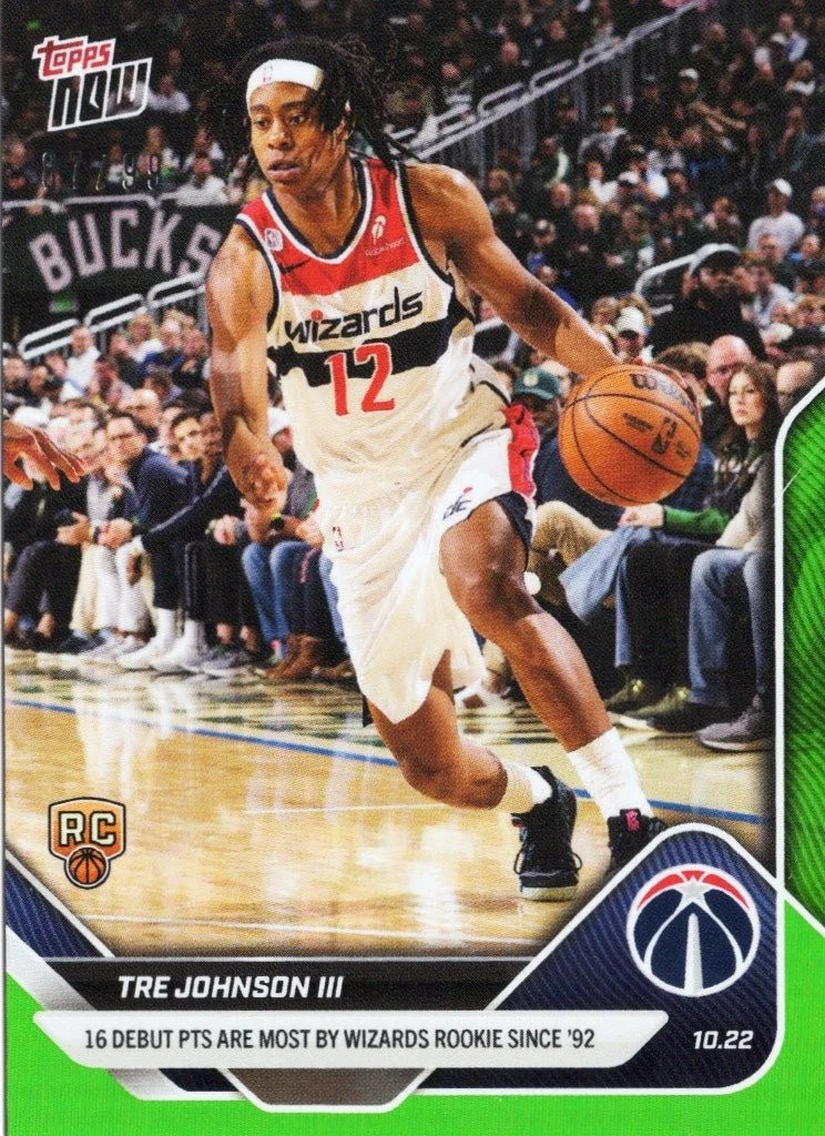 2025 Topps Now Tre Johnson 14 Green Foil /99 Washington Wizards Rookie Card