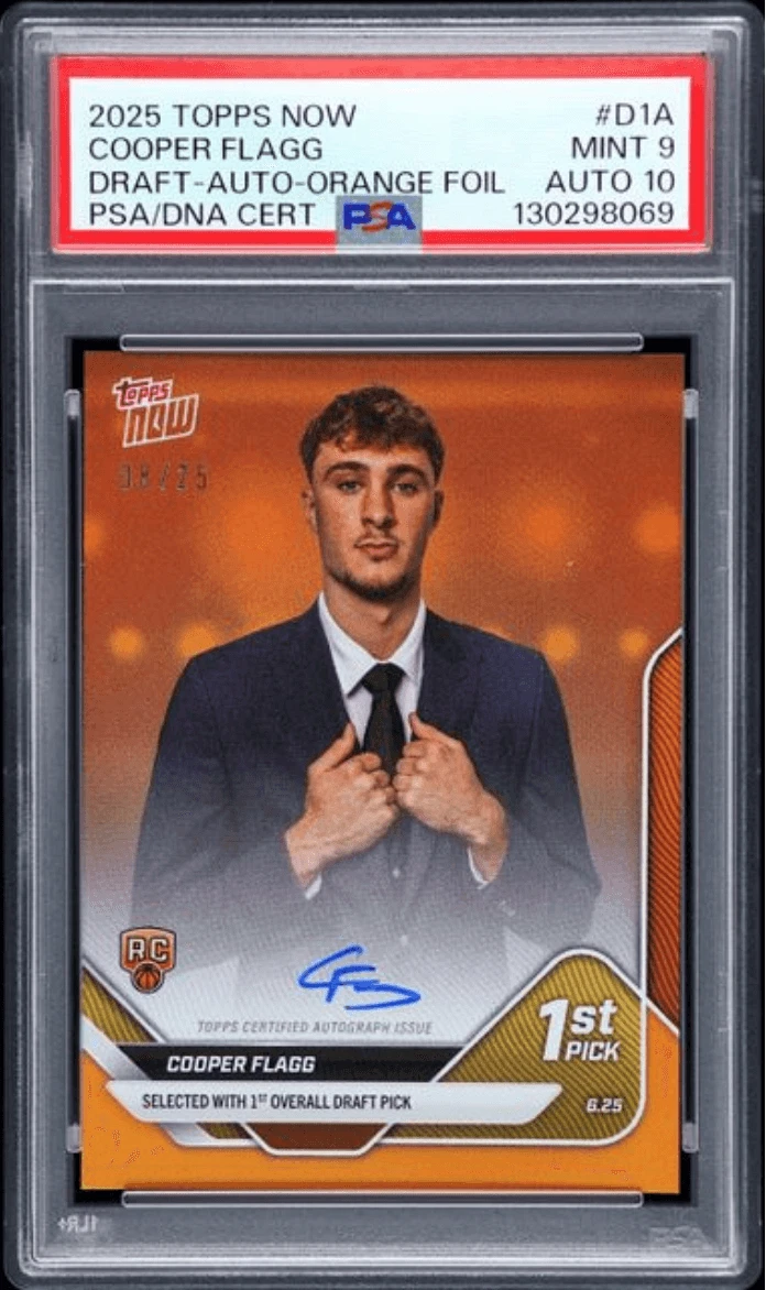2025 Topps Now Cooper Flagg D1A Draft Auto Orange /25 RC Card PSA 9 Auto 10