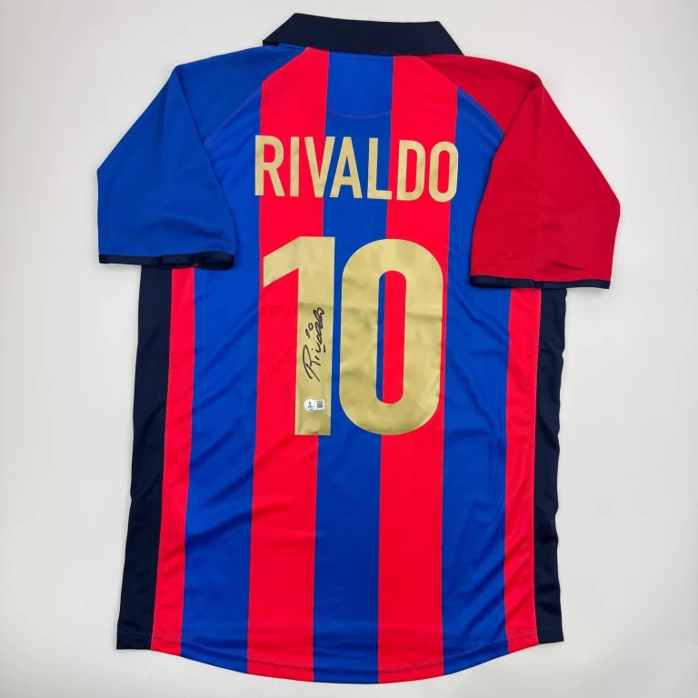 Autographed/Signed Rivaldo Ferreira FC Barcelona Blue Jersey Beckett COA