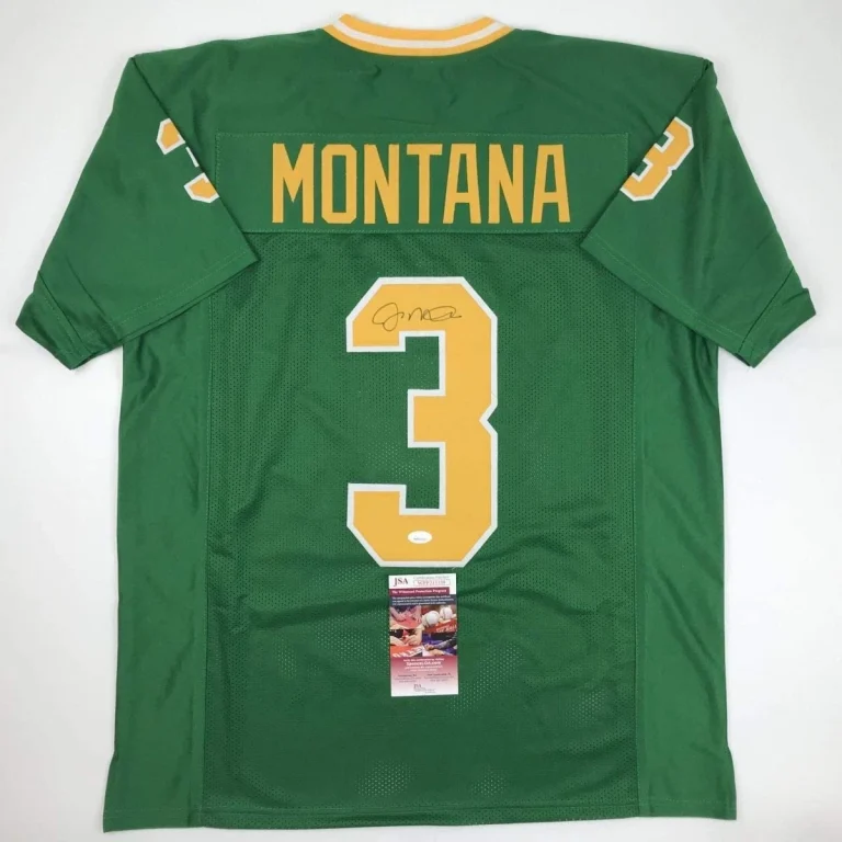 Autographed/Signed Joe Montana Notre Dame Green College Jersey JSA COA