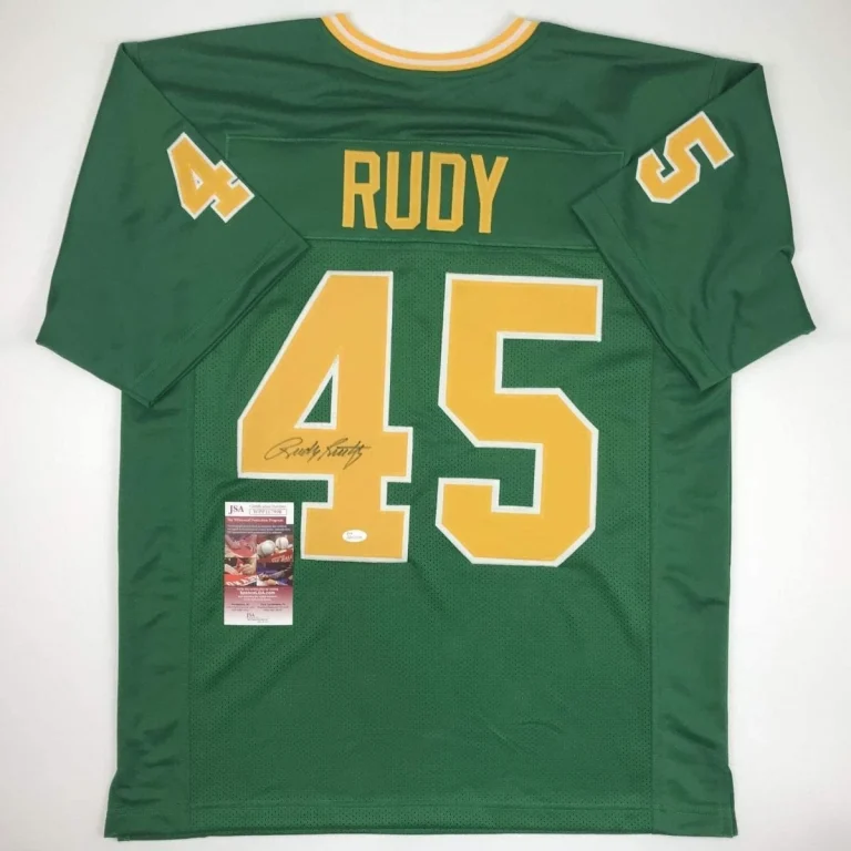 Autographed/Signed Rudy Ruettiger Notre Dame Green Rudy Jersey JSA COA