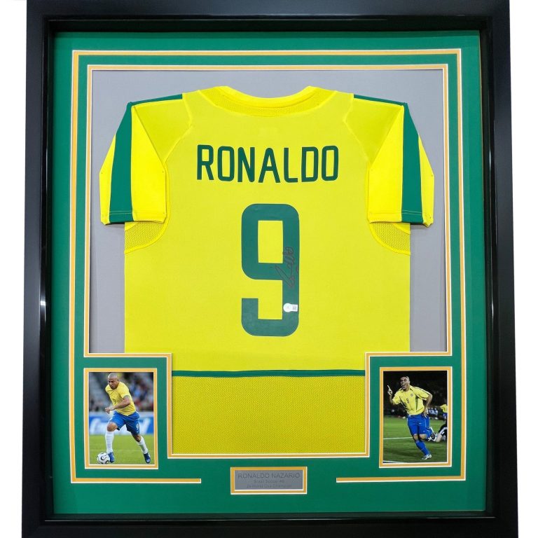 Framed Autographed/Signed Ronaldo Nazario 33x42 Brazil Yellow Jersey COA