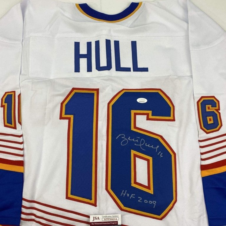 Autographed/Signed Brett Hull HOF 2009 St. Louis Retro White Jersey JSA COA