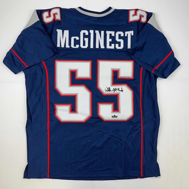 Facsimile Autographed Willie McGinest New England Blue Jersey Men's XL