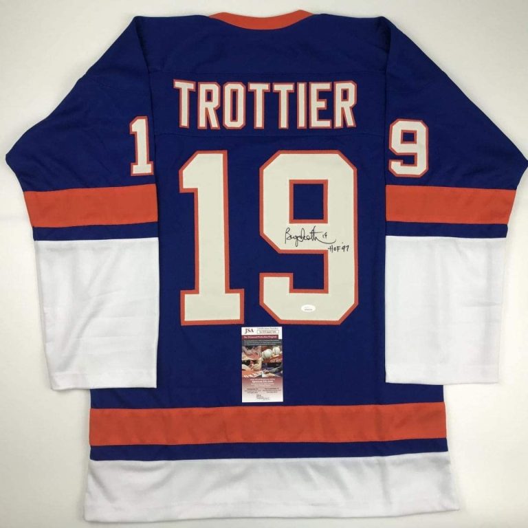 Autographed/Signed Bryan Trottier HOF 97 New York Blue Jersey JSA COA
