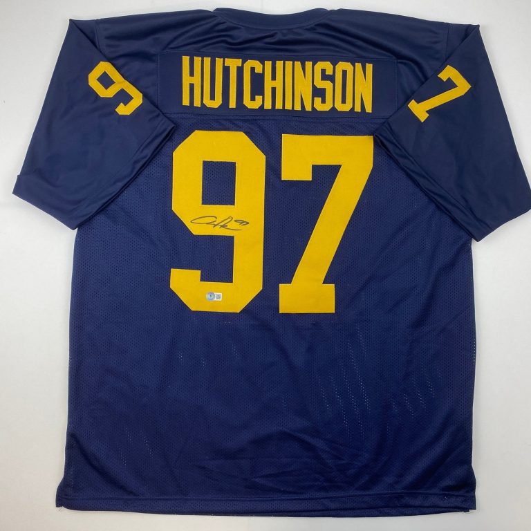 Autographed/Signed Aidan Hutchinson Michigan Blue Jersey Beckett BAS COA