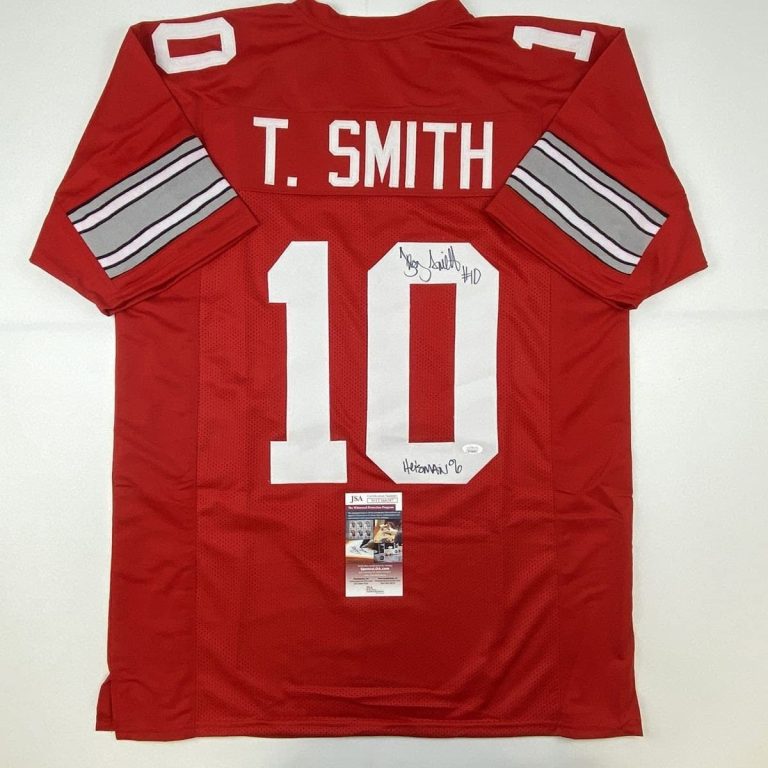 Autographed/Signed TROY SMITH Heisman 06 Ohio State Red Jersey JSA COA