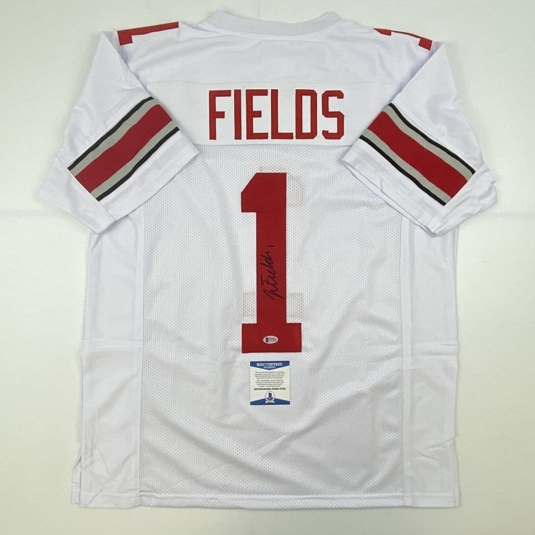 Autographed/Signed JUSTIN FIELDS Ohio State White Jersey Beckett BAS COA