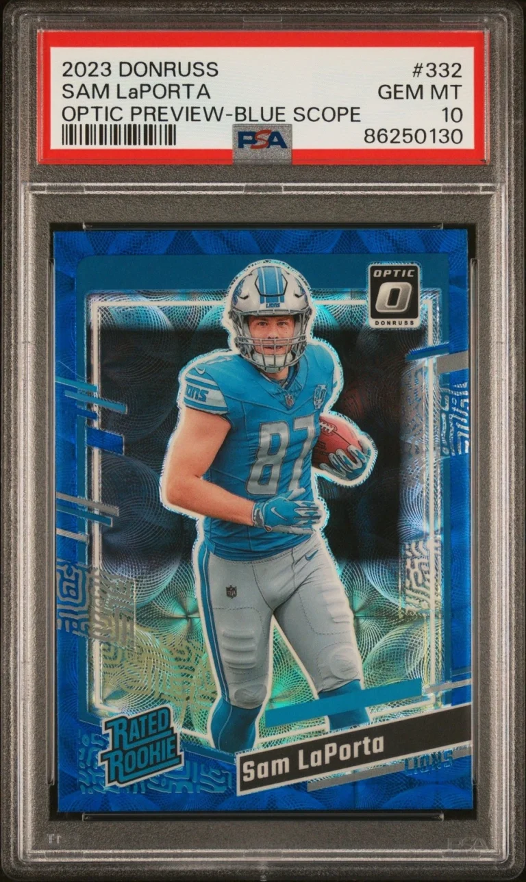 Graded 2023 Donruss Sam LaPorta #332 Optic Blue Scope RC Card PSA 10
