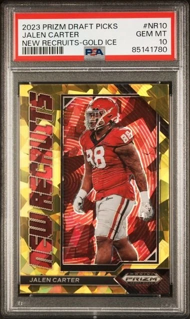 Graded 2023 Prizm DP Jalen Carter #NR10 Recruits-Gold Ice Card PSA 10