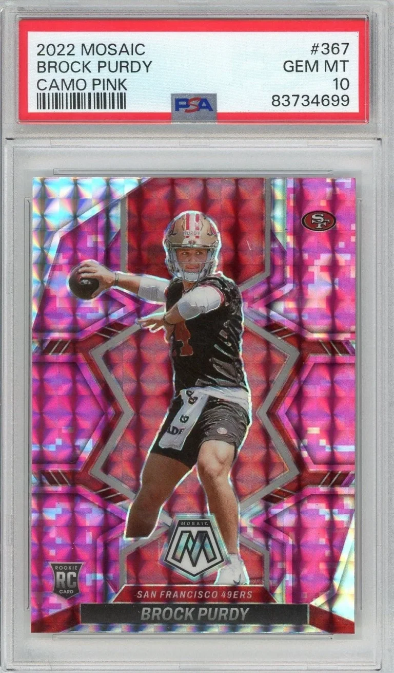 Graded 2022 Mosaic Brock Purdy #367 Camo Pink Rookie RC Card PSA 10 Gem