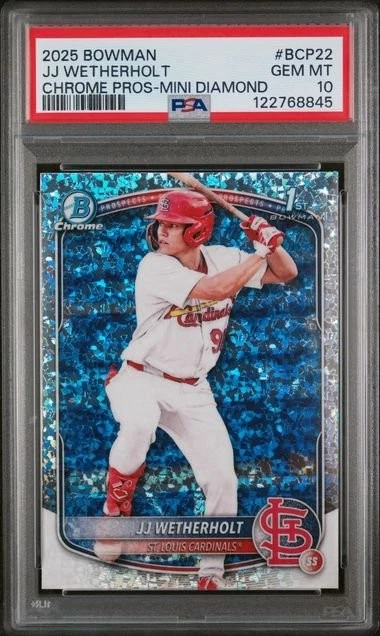 Graded 2025 Bowman JJ Wetherholt #BCP22 Chrome Mini Diamond RC Card PSA 10