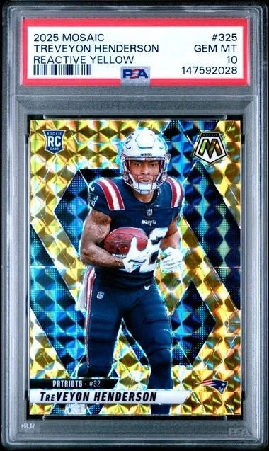 Graded 2025 Mosaic TreVeyon Henderson #325 Reactive Yellow RC Card PSA 10