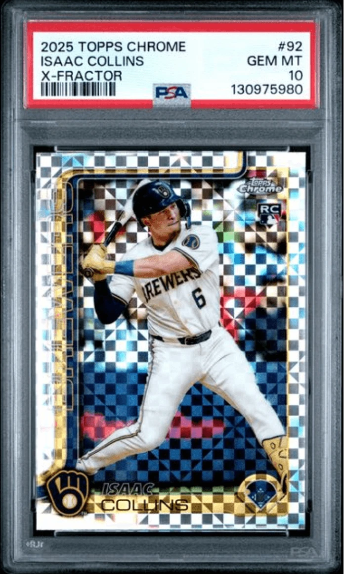 Graded 2025 Topps Chrome Isaac Collins #92 Xfractor Rookie Card PSA 10