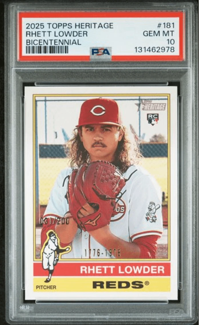 Graded 2025 Topps Heritage Rhett Lowder #181 Bicentennial /200 Card PSA 10