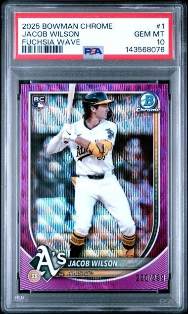 Graded 2025 Topps Bowman Chrome Jacob Wilson #1 /299 Fuchsia RC Card PSA 10
