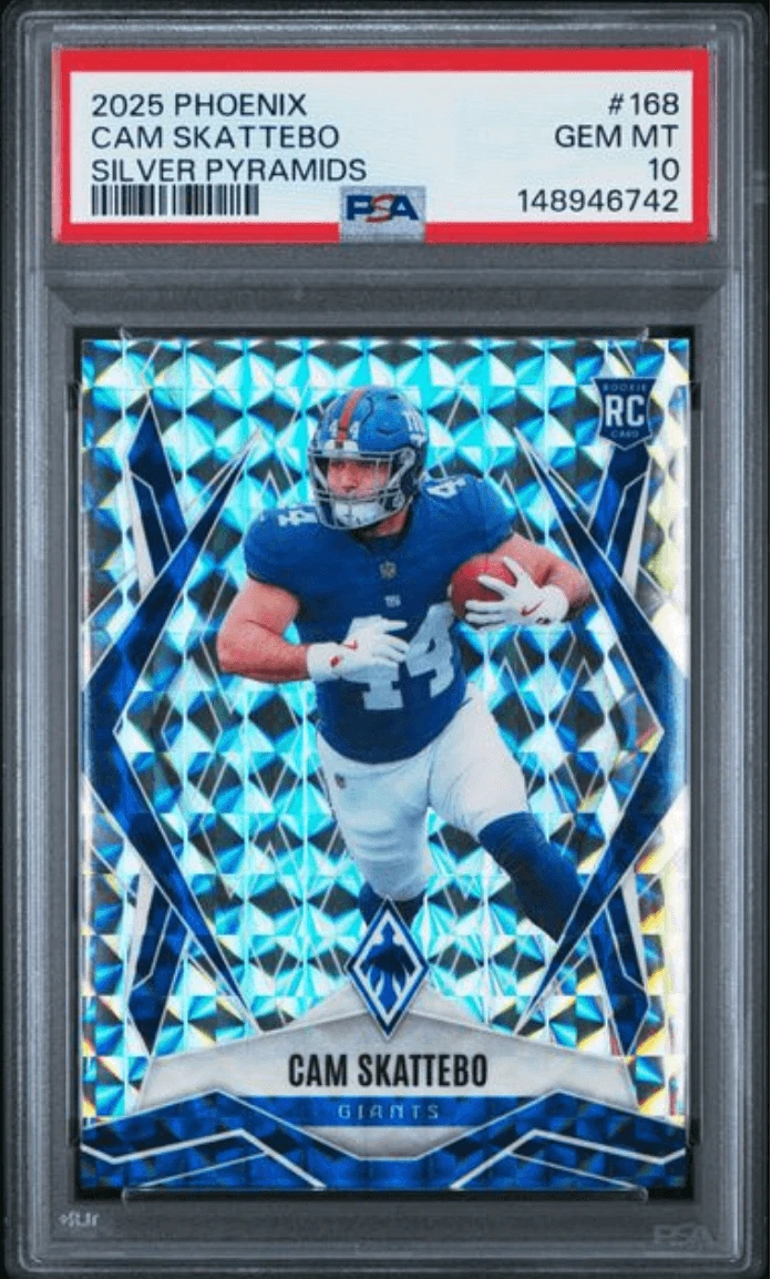 Graded 2025 Panini Phoenix Cam Skattebo #168 Silver Pyramids RC Card PSA 10