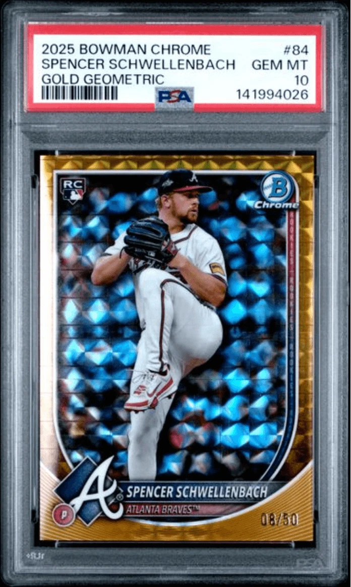 Graded 2025 Bowman Chrome Spencer Schwellenbach 84 Gold Geo /50 Card PSA 10