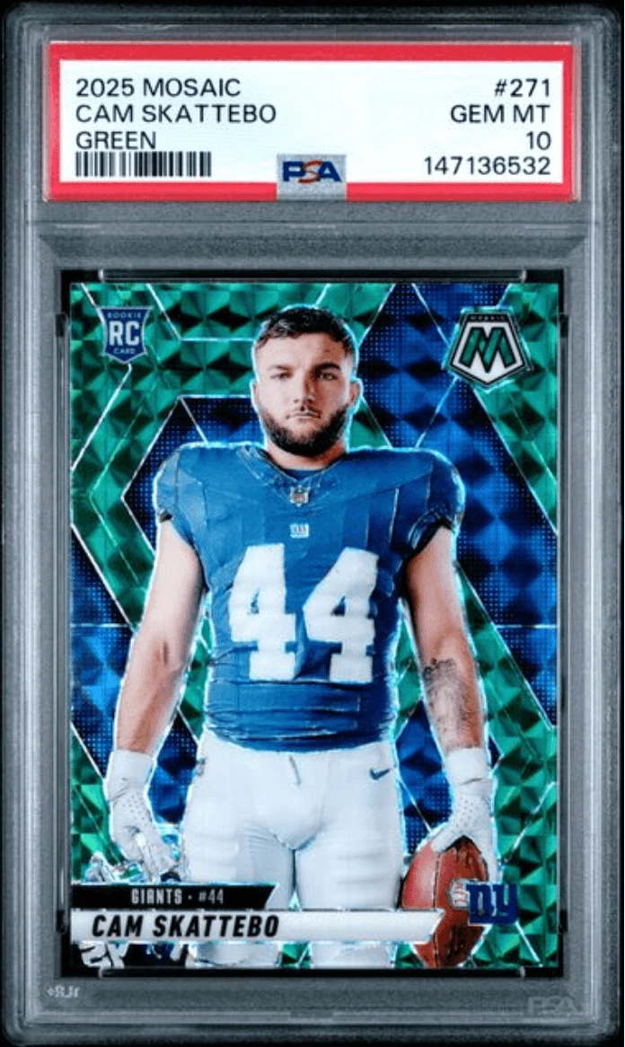 Graded 2025 Panini Mosaic Cam Skattebo #271 Green Rookie RC Card PSA 10