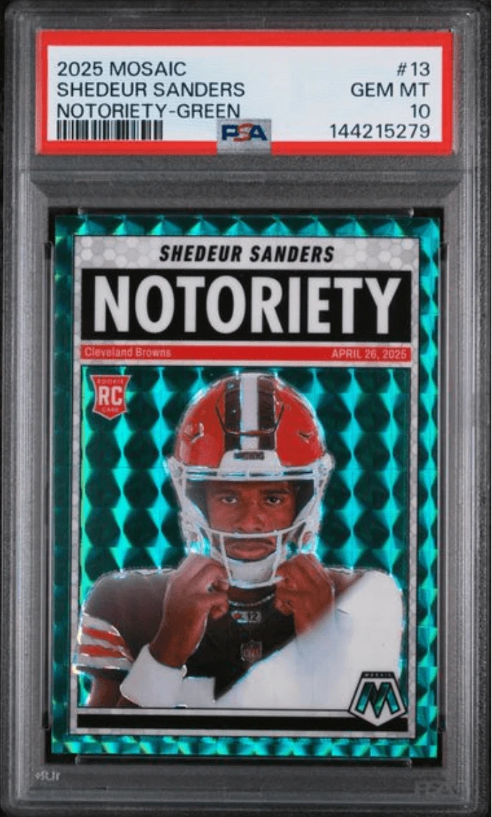 Graded 2025 Mosaic Shedeur Sanders #13 Notoriety Green RC Card PSA 10