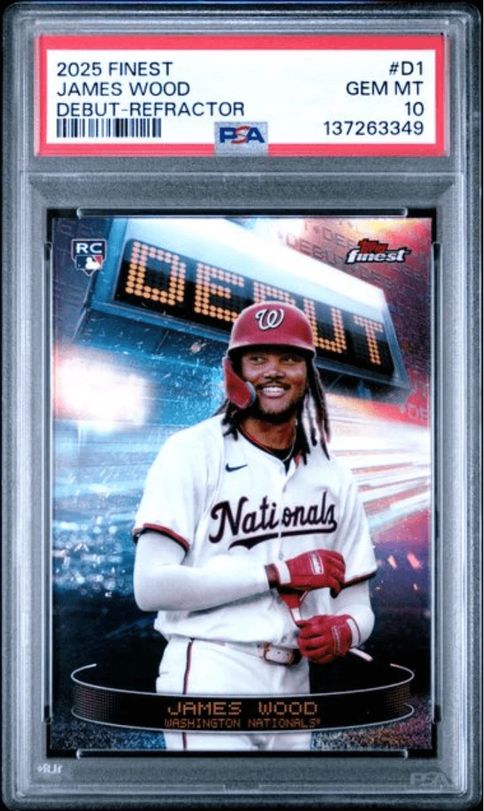 Graded 2025 Topps Finest James Wood #D1 Debut Refractor RC Card PSA 10