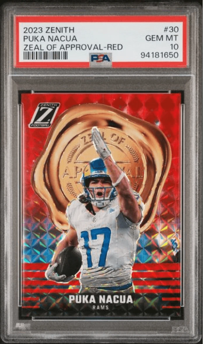 Graded 2023 Zenith Puka Nacua #30 Zeal of Approval Red RC Card PSA 10