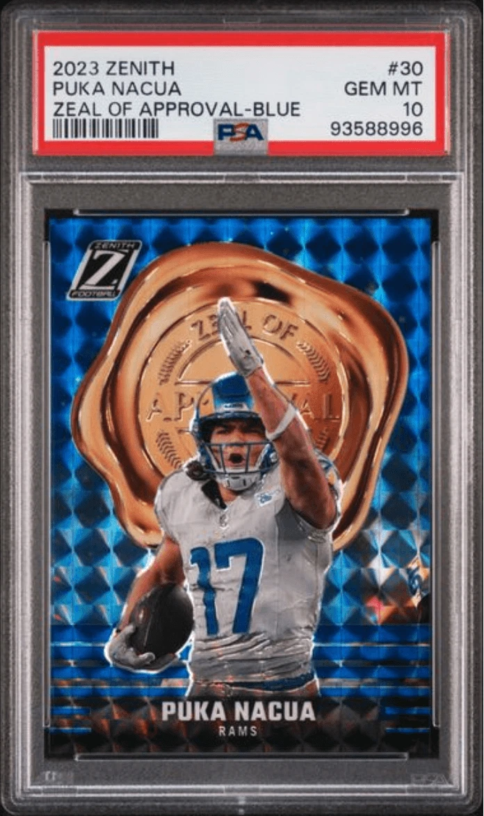 Graded 2023 Panini Zenith Puka Nacua #30 Zeal Approval Blue RC Card PSA 10