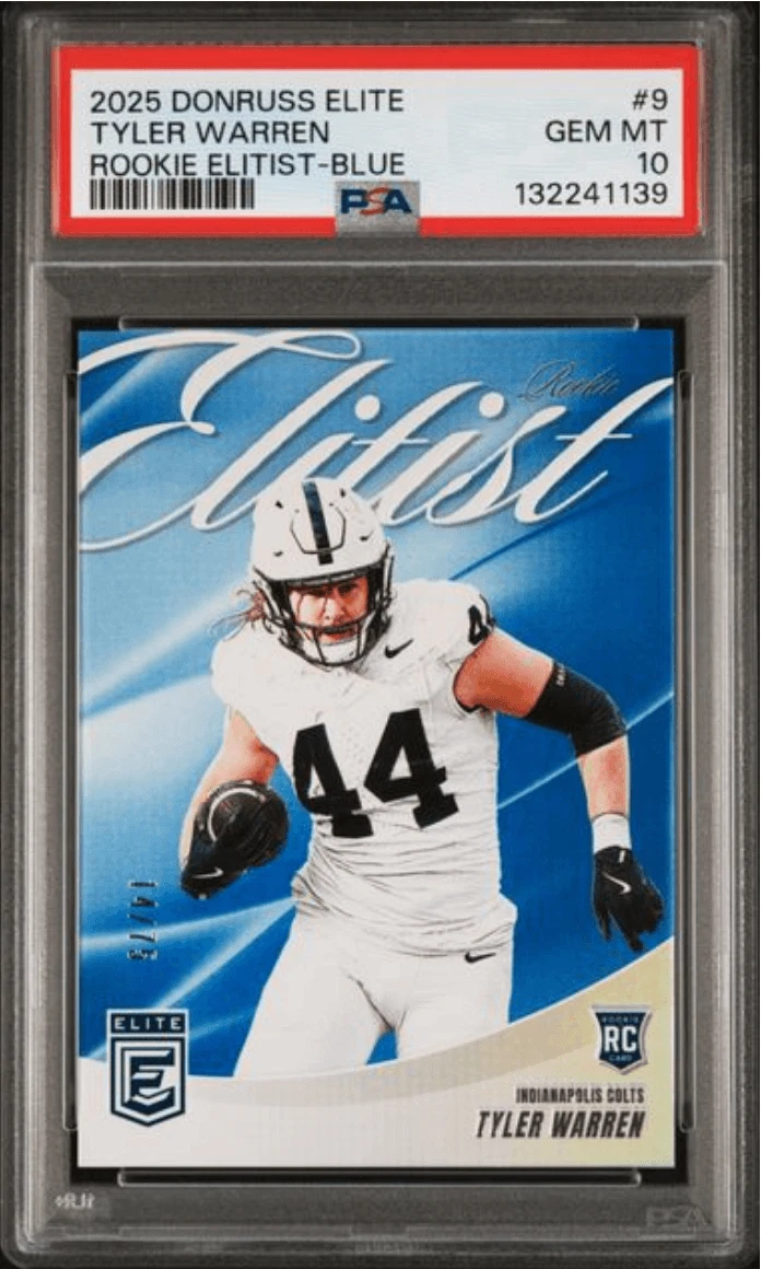 Graded 2025 Donruss Elite Tyler Warren #9 Elitist Blue /75 RC Card PSA 10