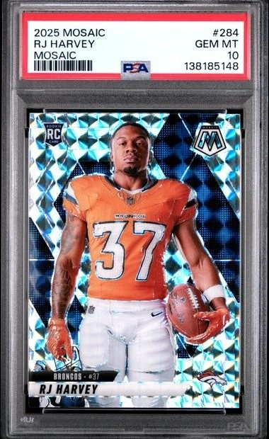 Graded 2025 Panini Mosaic RJ Harvey 284 Mosaic Variation Rookie Card PSA 10
