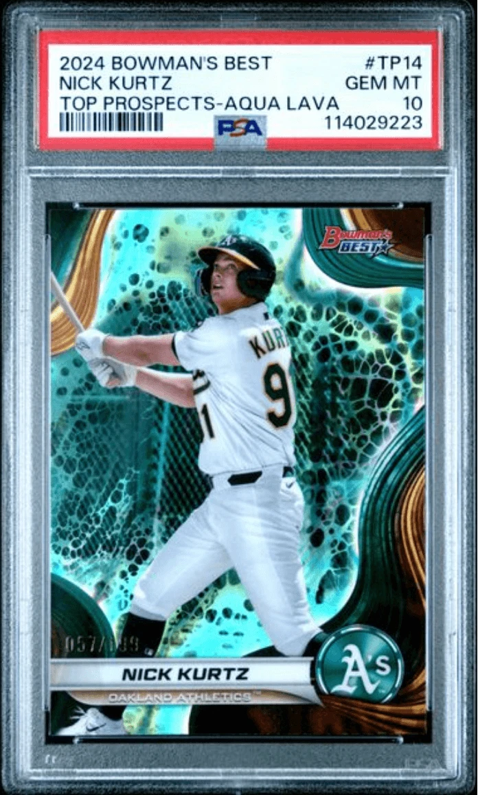 Graded 2024 Bowmans Best Nick Kurtz #TP14 Aqua Lava /199 RC Card PSA 10