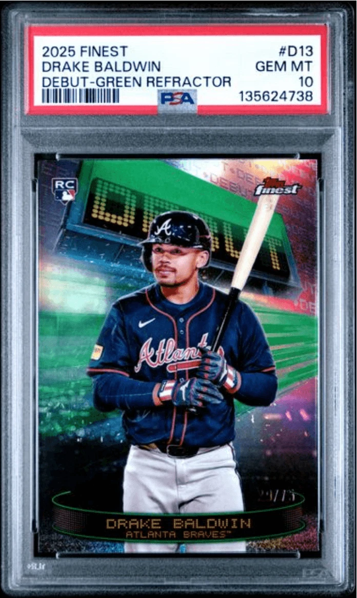 Graded 2025 Topps Finest Drake Baldwin D13 Green REF /75 Rookie Card PSA 10