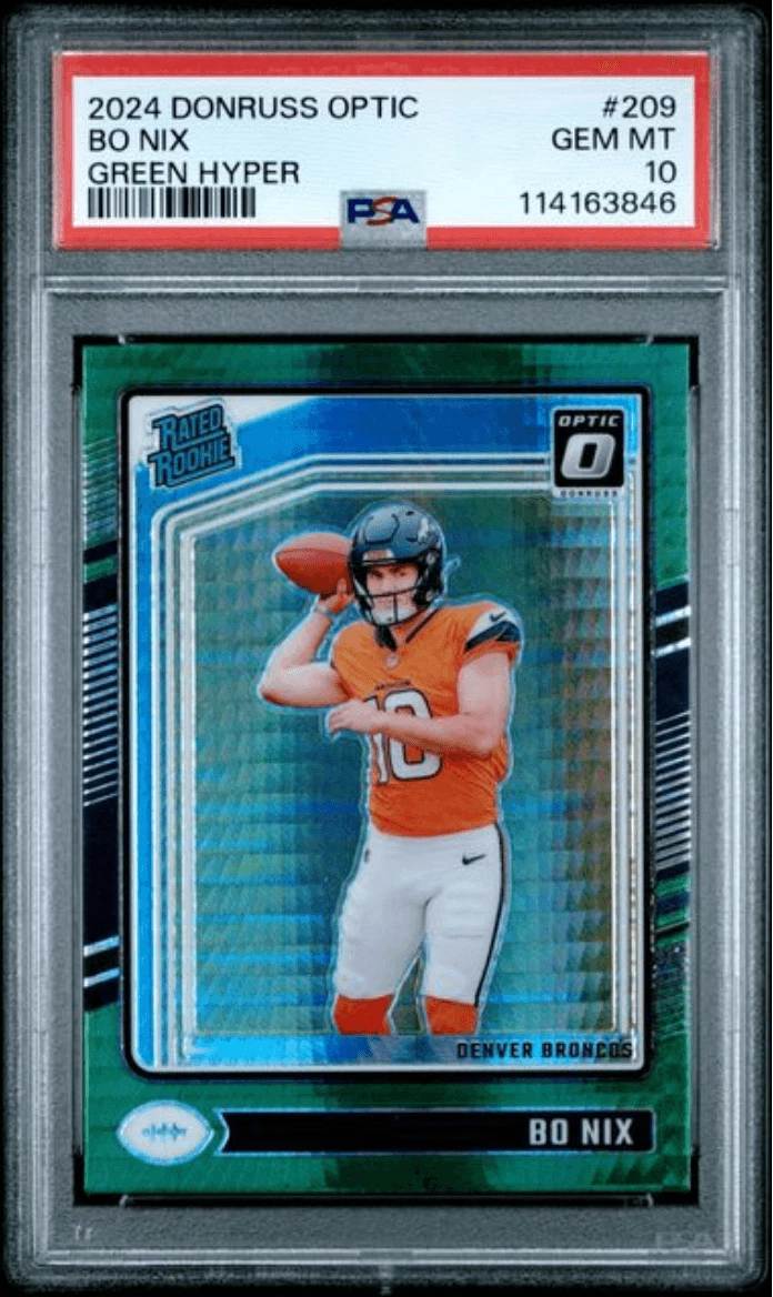 Graded 2024 Panini Donruss Optic Bo Nix #209 Green Hyper Rookie Card PSA 10