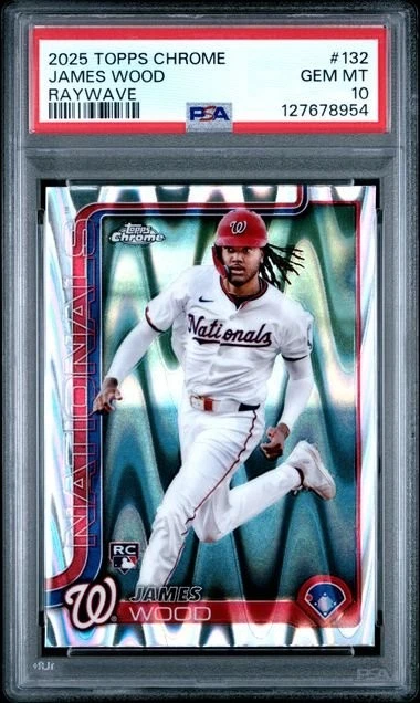 Graded 2025 Topps Chrome James Wood #132 Raywave Rookie RC Card PSA 10