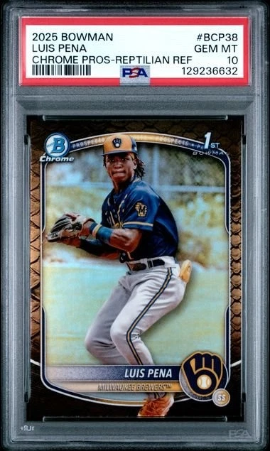 Graded 2025 Bowman Luis Pena #BCP38 Chrome Reptilian Rookie RC Card PSA 10