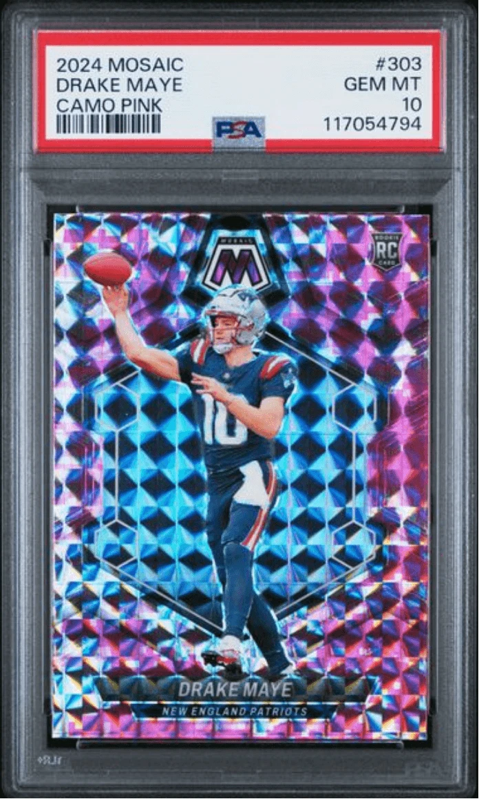 Graded 2024 Panini Mosaic Drake Maye #303 Camo Pink Rookie Card PSA 10