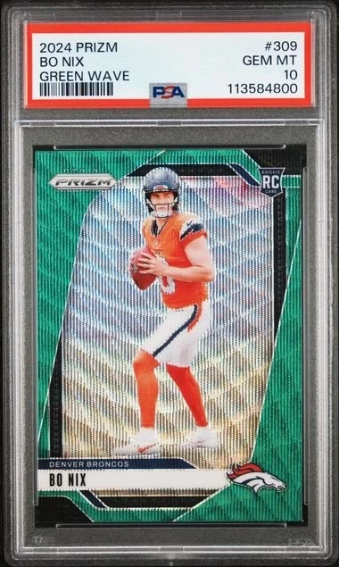 Graded 2024 Panini Prizm Bo Nix #309 Green Wave Rookie RC Card PSA 10