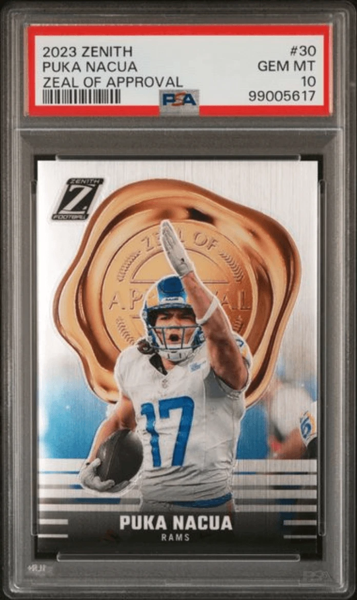 Graded 2023 Panini Zenith Puka Nacua 30 Zeal of Approval Rookie Card PSA 10