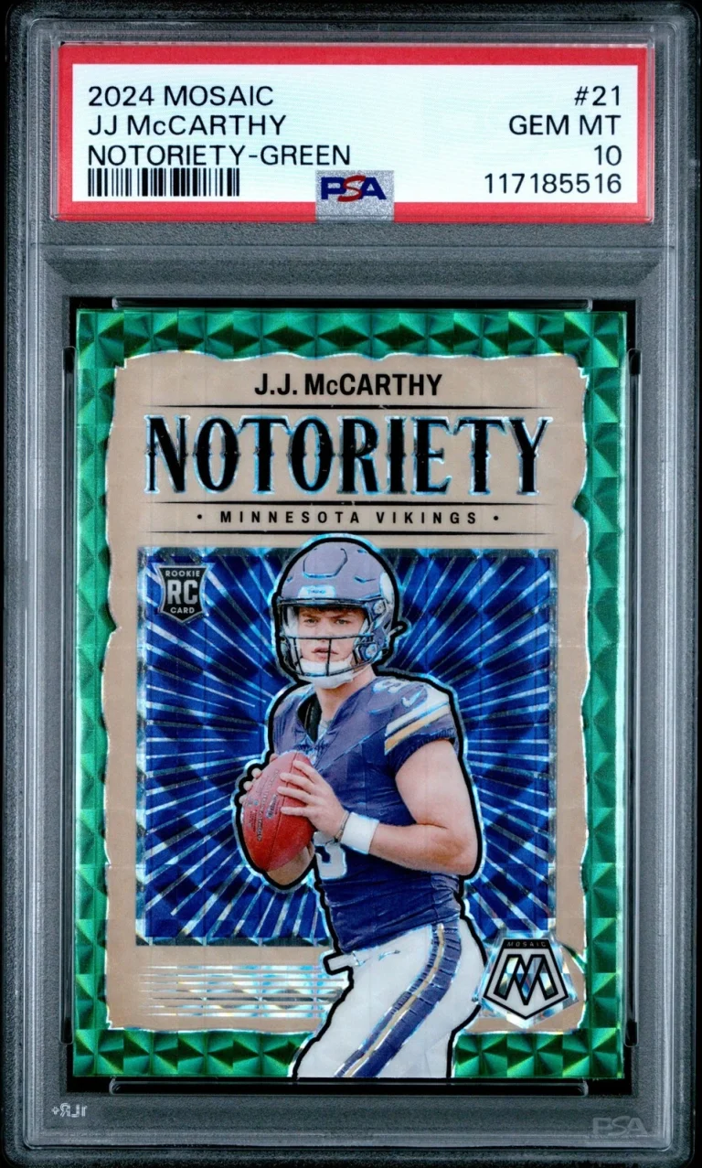 Graded 2024 Mosaic JJ McCarthy #21 Notoriety Green Rookie Card PSA 10
