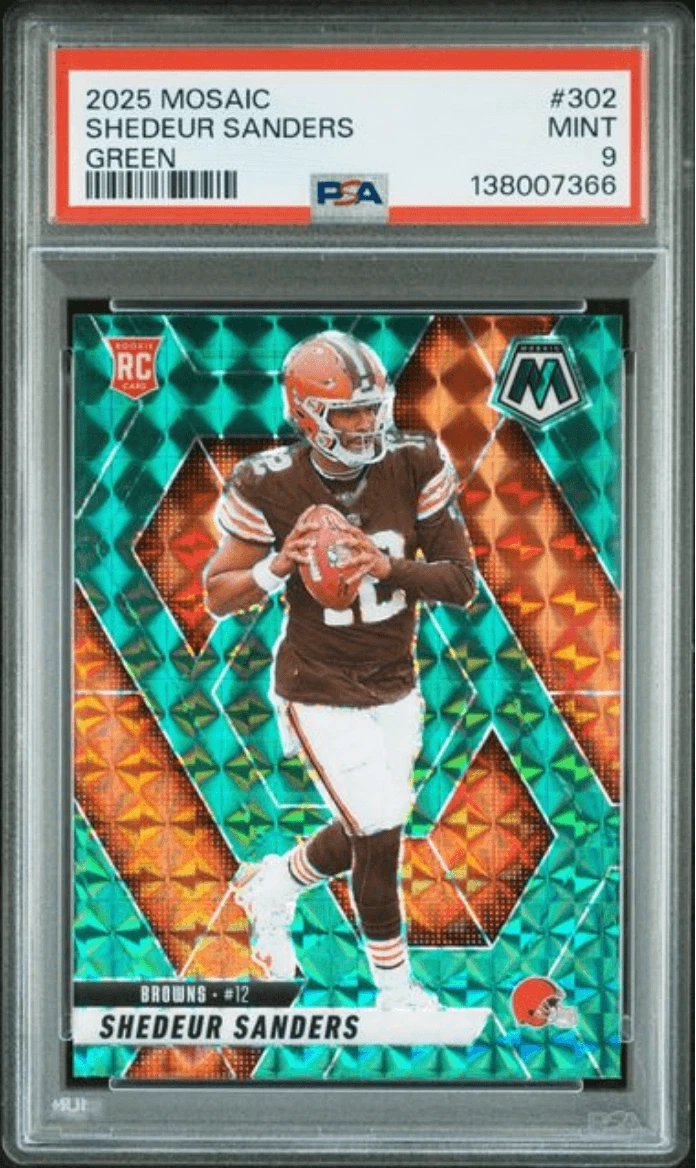 Graded 2025 Panini Mosaic Shedeur Sanders #302 Green Rookie Card PSA 9 Mint