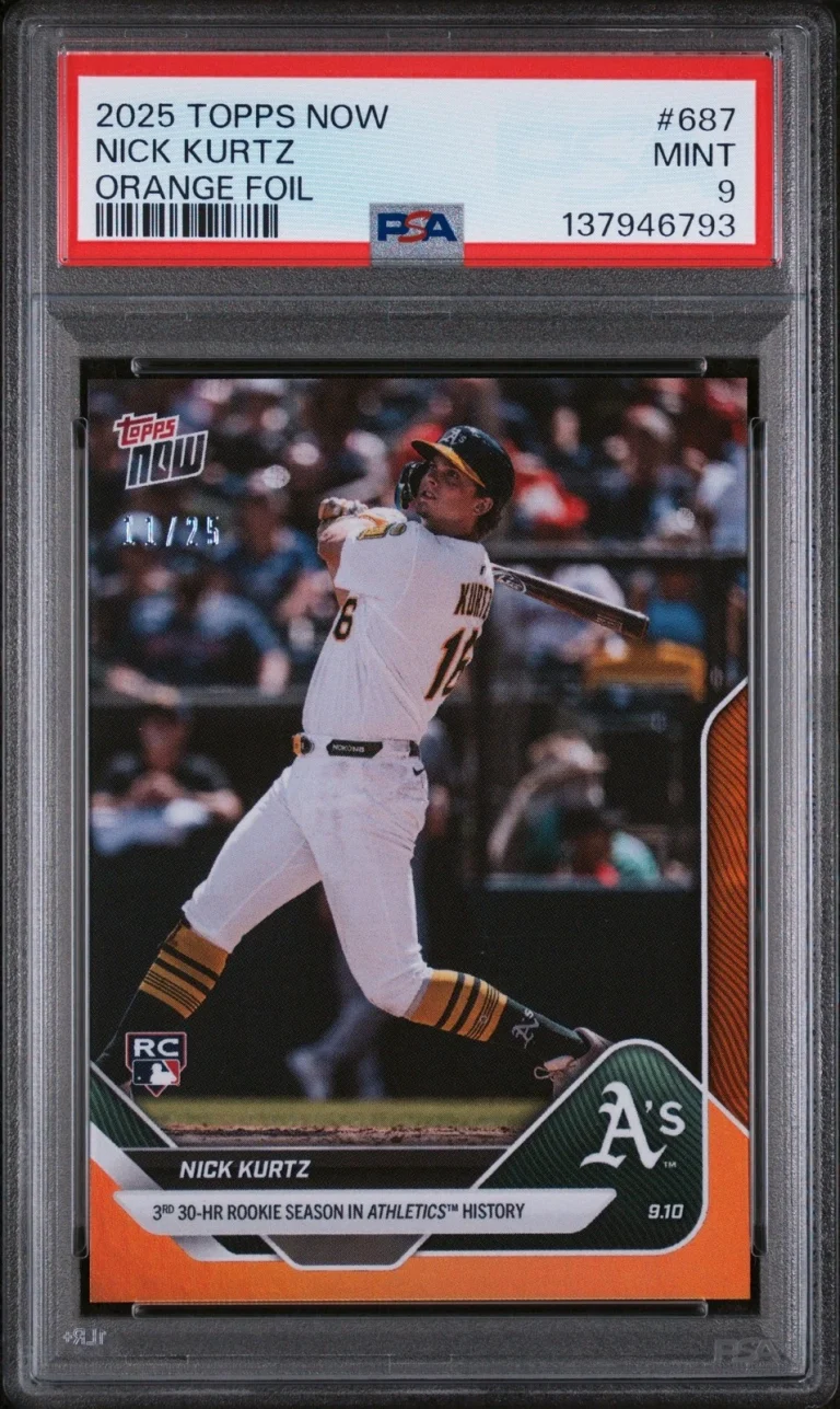 Graded 2025 Topps Now Nick Kurtz #687 Orange Foil /25 RC Card PSA 9