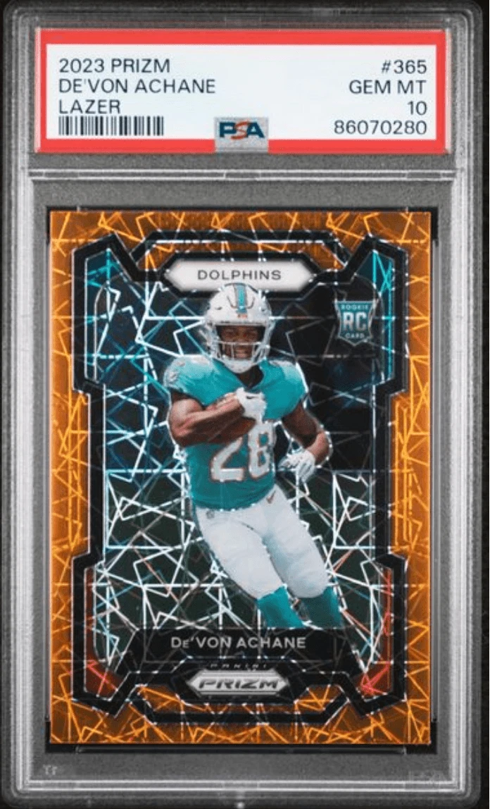 Graded 2023 Panini Prizm Devon Achane #365 Lazer Rookie RC Card PSA 10