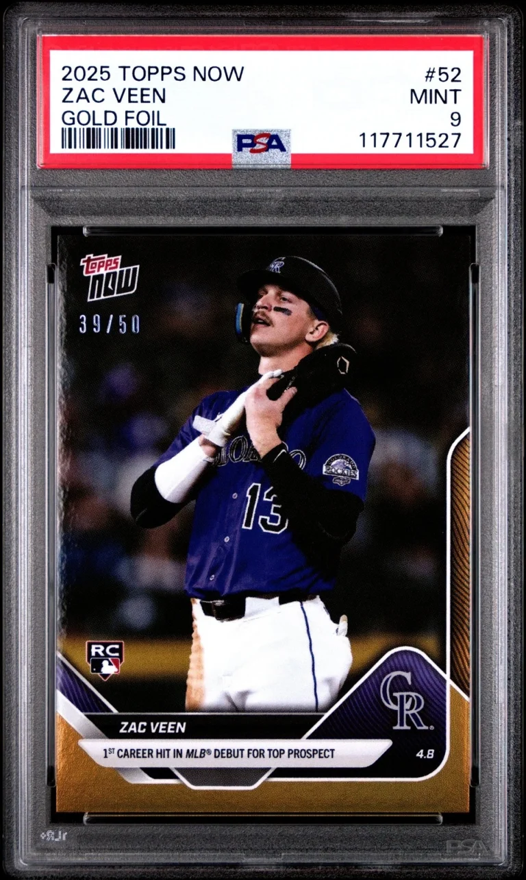 Graded 2025 Topps Now Zac Veen #52 Gold Foil /50 Rookie RC Card PSA 9