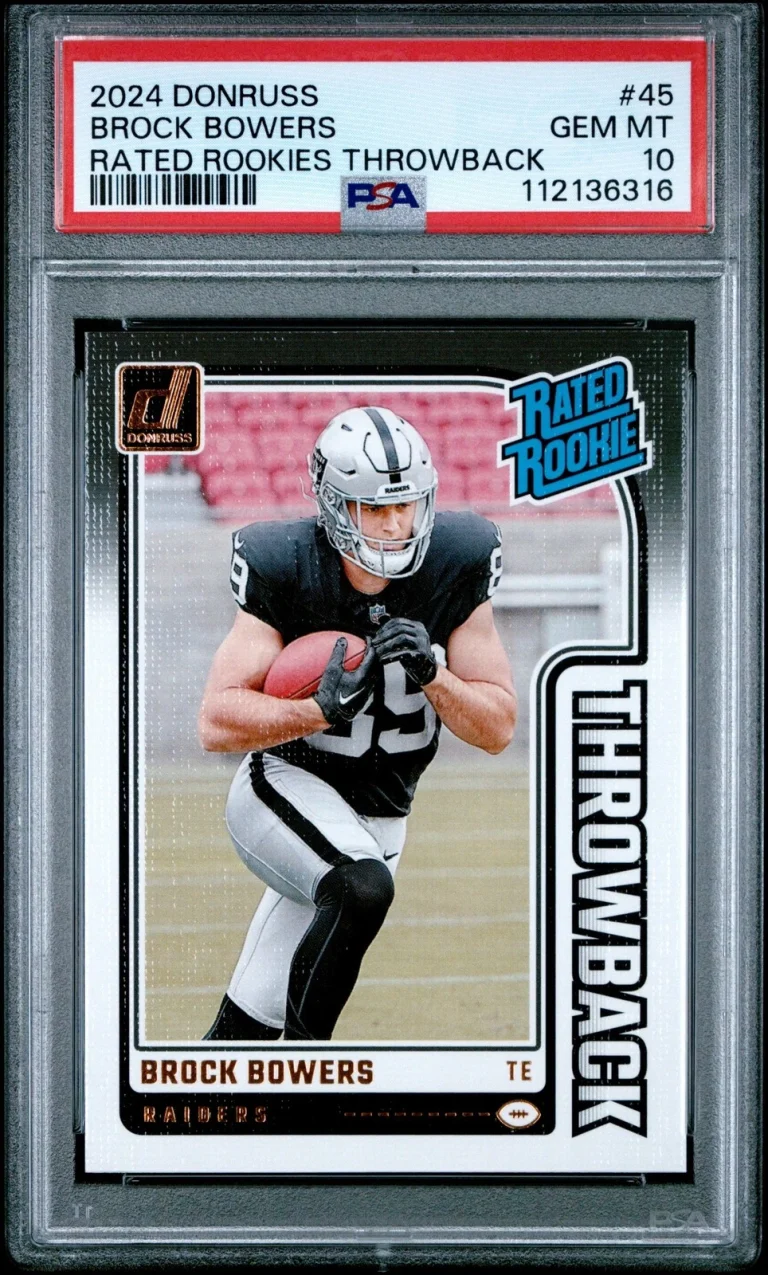 Graded 2024 Panini Donruss Brock Bowers #49 Rated Throwback RC Card PSA 10